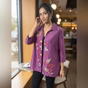 TravelSmith 100% Silk Embroidered Blouse Purple Floral Button Front Luxury Top